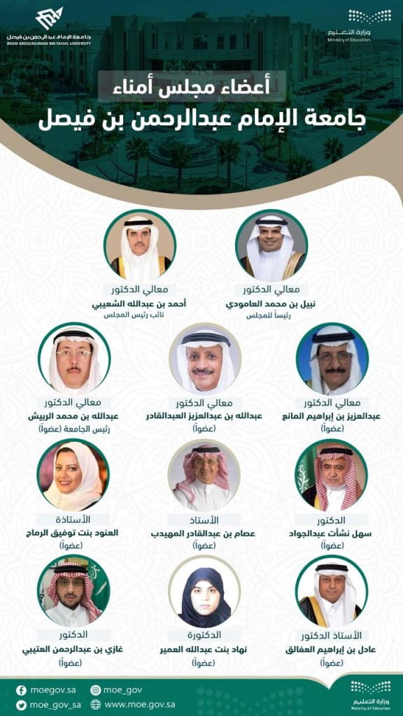 صدور الموافقة السامية على تسمية أعضاء مجلس أمناء ⁧‫جامعة الإمام عبدالرحمن بن فيصل‬⁩ وفقاً لنظام الجامعات الجديد